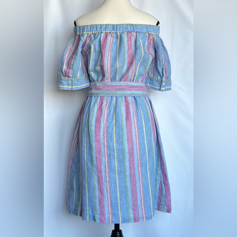 FRAME Women’s Off-Shoulder Striped Belted Linen Pastel Dress Size XS - Picture 3 of 11